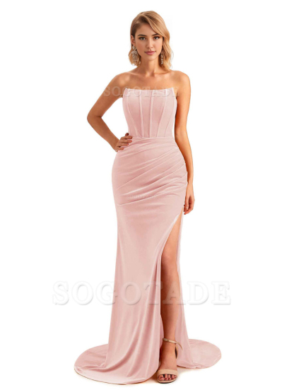  Sexy Side Hight Slit Sleeveless Mermaid Strapless Velvet Long Bridesmaid Dresses Online