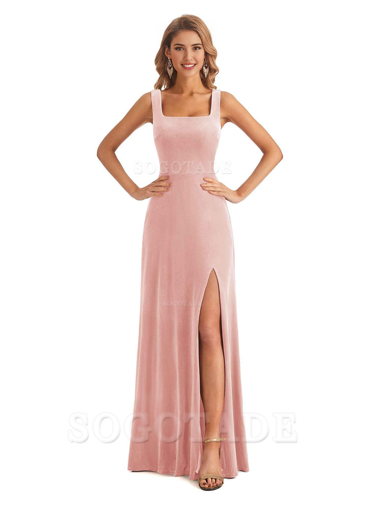 Elegant A Line Sheath Velvet Square Side Fork Long Bridesmaid Dresses Formal Women's Dresses Wedding Guests Dresses