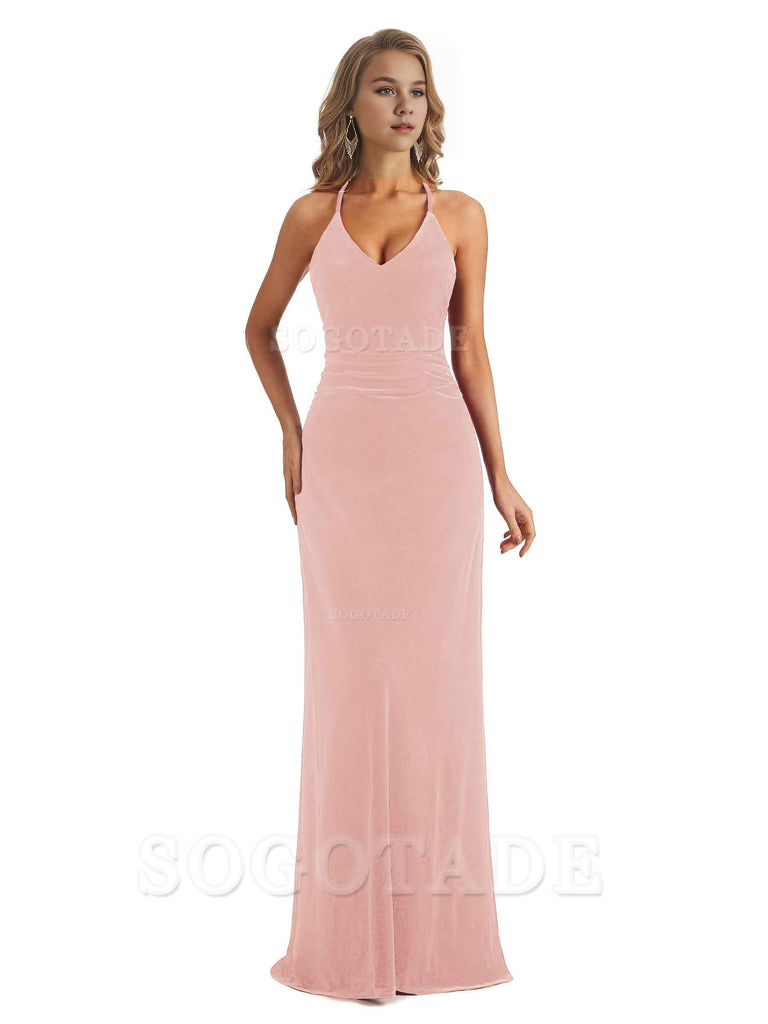 Elegant V-Neck Halter Backless Mermaid Velvet Long Wedding Party Dresses Bridesmaid Dresses Formal Women's Dresses Wedding Guests Dresses