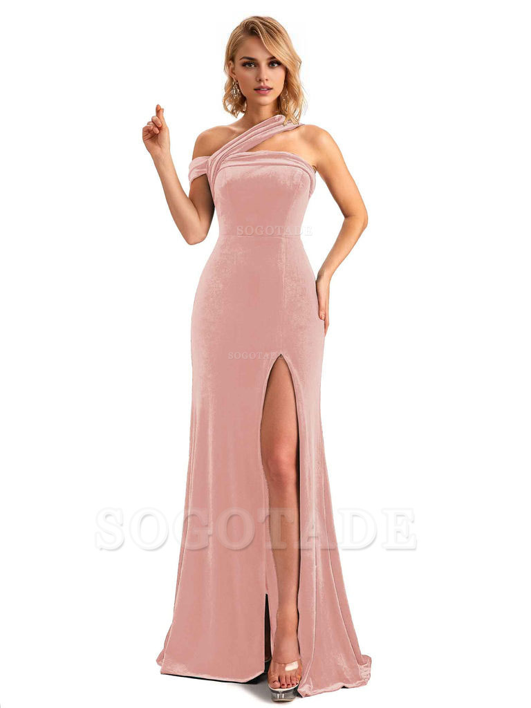 Sexy Mermaid Asymmetric Velvet Side Slit Long Bridesmaid Dresses