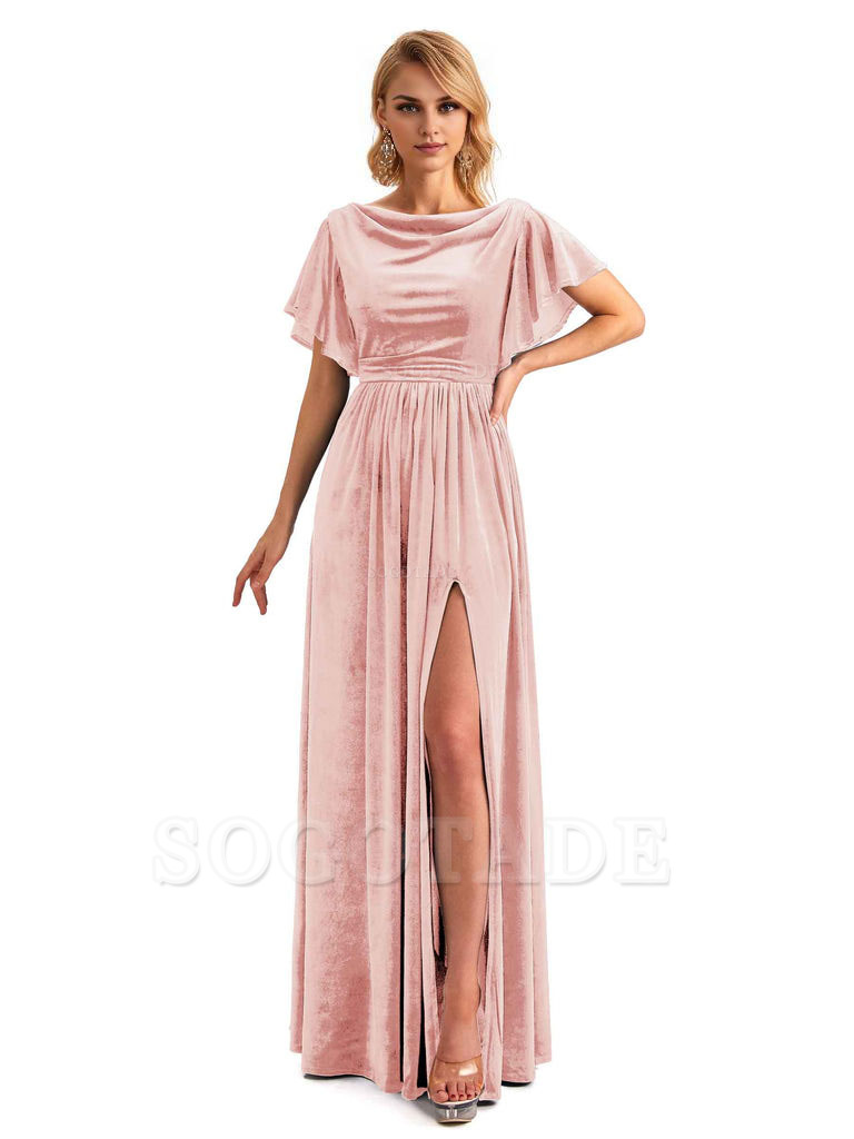 Elegant A-Line Jewel Bat Sleeves Velvet Side Slit Long Bridesmaid Dresses