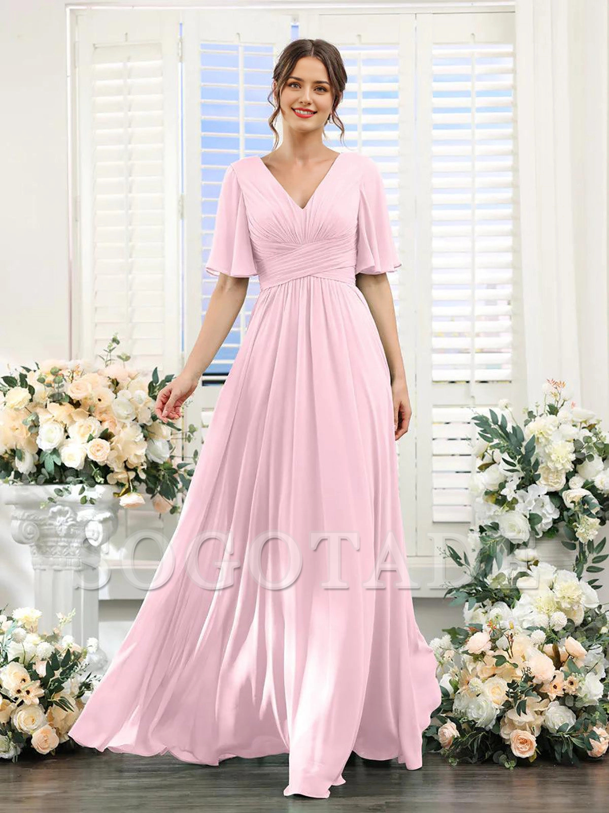 A-shaped V-shaped leader bridesmaid dress, suitable for wedding guests, long chiffon formal slit party dress