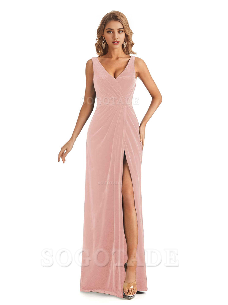 V-Neck Sexy Side Slit Spaghetti Straps Pleated Velvet Long Bridesmaid Dresses Formal Wear Dresses
