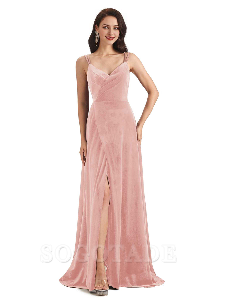 Sexy Velvet Long Bridesmaid Dresses Spaghetti Straps Open Back with Side Slit