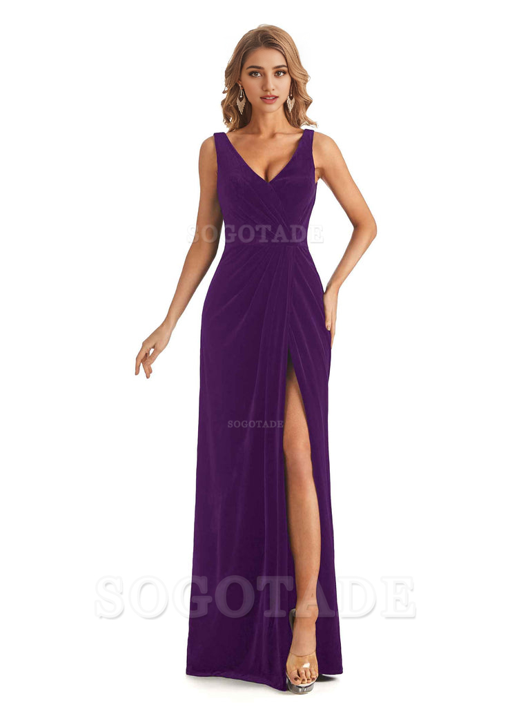 V-Neck Sexy Side Slit Spaghetti Straps Pleated Velvet Long Bridesmaid Dresses Formal Wear Dresses
