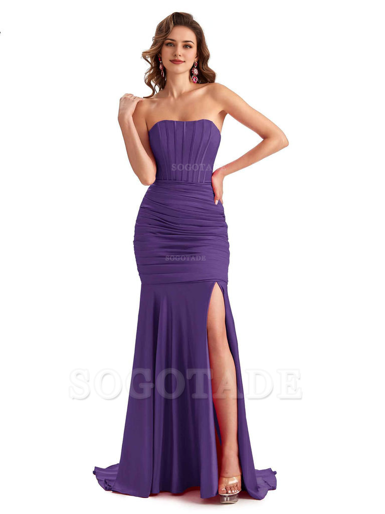 Sexy Strapless Side Slit Mermaid Silky Satin Formal Bridesmaid Dresses