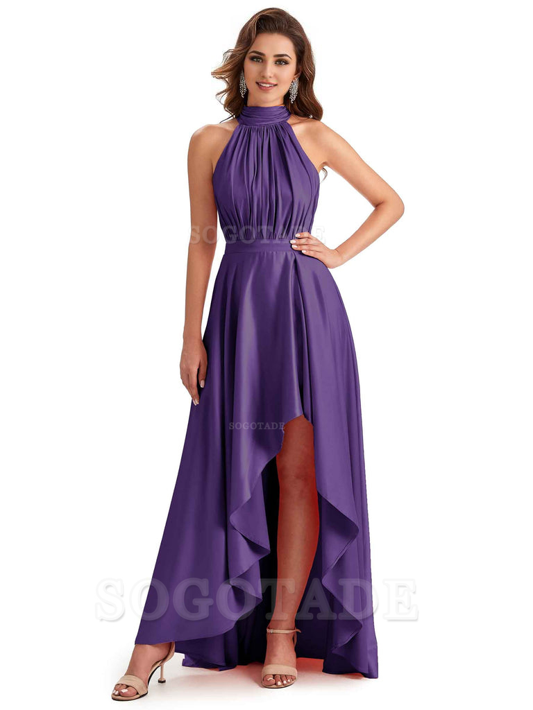 Soft Satin High Neck High Low A-Line Unique Bridesmaid Dresses Online