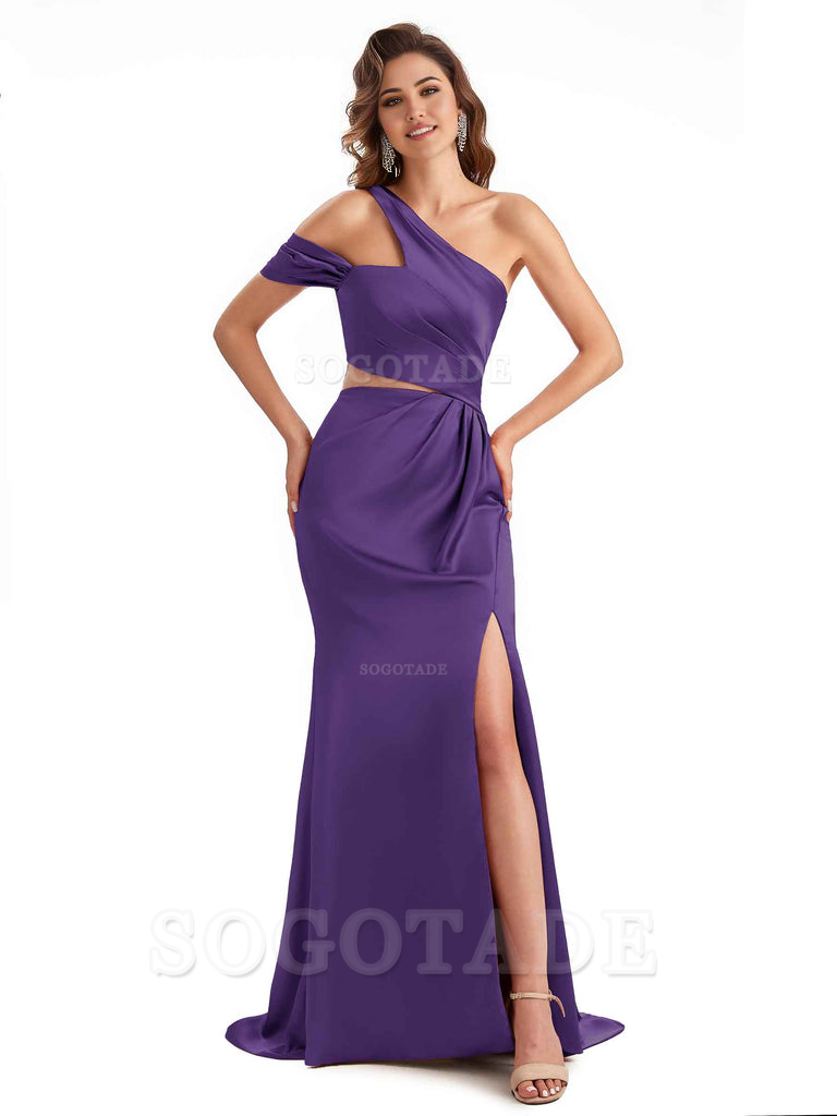 Sexy Side Slit Mermaid Soft Satin One Shoulder Long Unique Bridesmaid Dresses