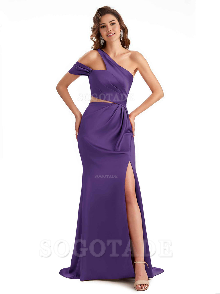 Sexy Side Slit Mermaid Soft Satin One Shoulder Long Unique Bridesmaid Dresses
