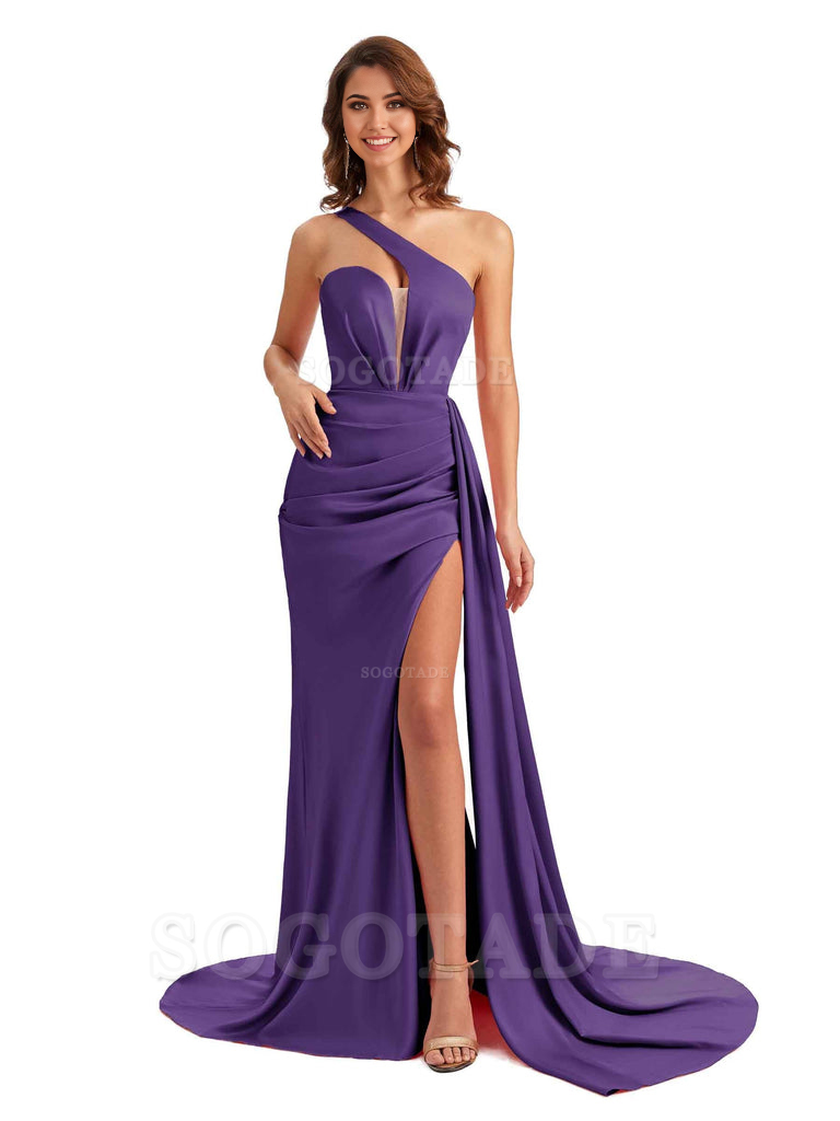 Mermaid One Shoulder Satin formal dresses evening gown Bridesmaid Dresses With Side Slit