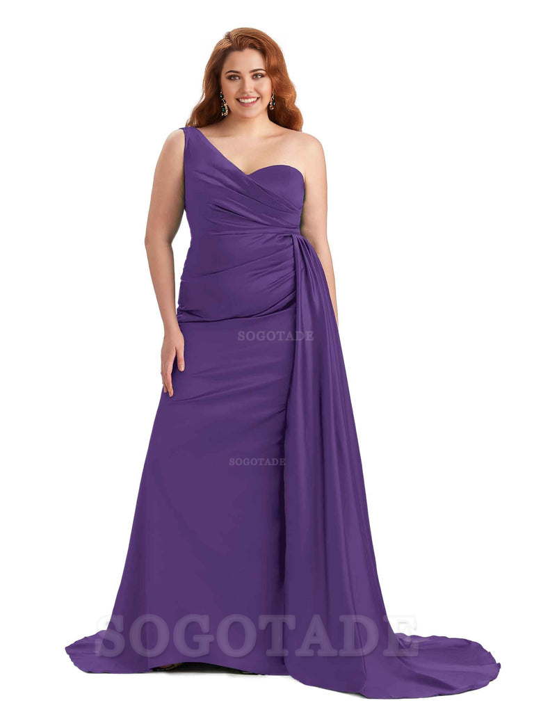Sexy One Shoulder Sleeveless Mermaid Soft Satin Long Plus Size With Train Bridesmaid Gowns