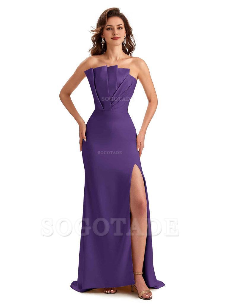 Unique Soft Satin Side Slit Asymmetrical Neckline Mermaid Long Bridesmaid Dresses