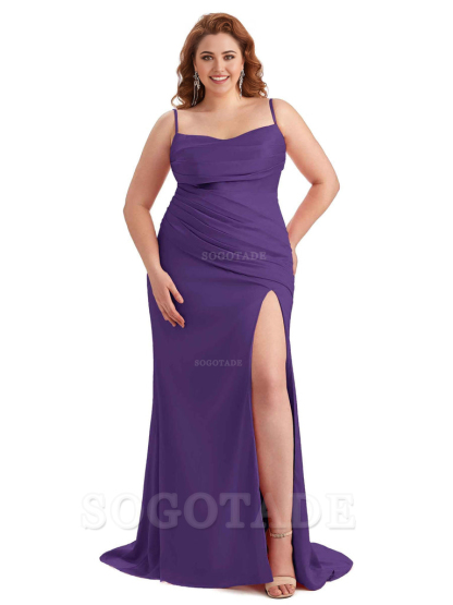Sexy Side Slit Spaghetti Straps Mermaid Soft Satin Long Plus Size Bridesmaid Dress For Wedding
