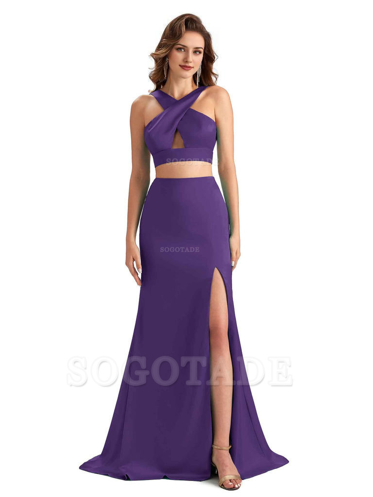 Sexy Side Slit Mermaid Silky Satin Halter Two Pieces Unique Long Bridesmaid Dresses