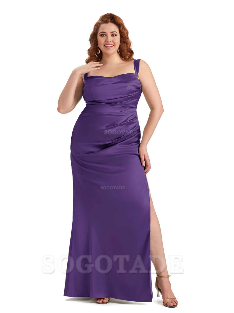 Sexy Side Slit Mermaid Wide Straps Soft Satin Long Plus Size Maid of Bridesmaid Dresses