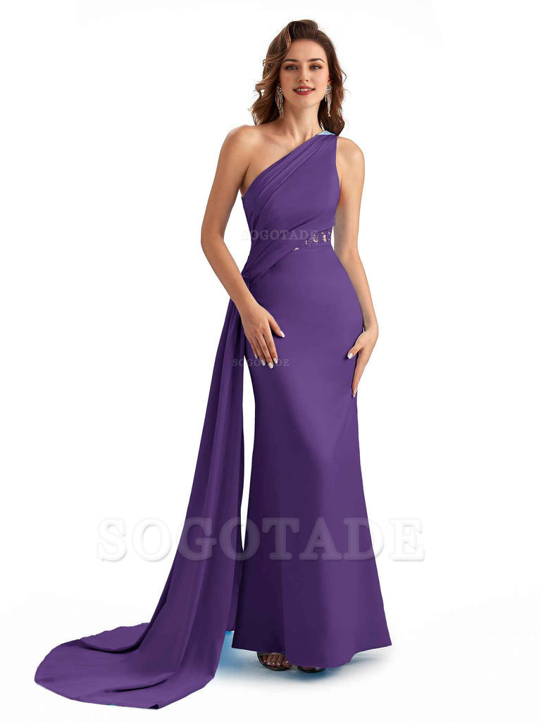 Sexy Mermaid Silky Satin One Shoulder Lace See Through Long Bridesmaid Dresses Online