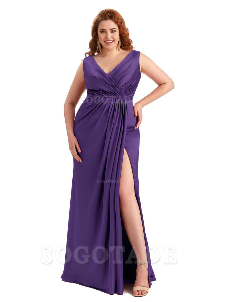 Mermaid V-Neck Satin formal dresses evening gown Bridesmaid Dresses With Side Slit 