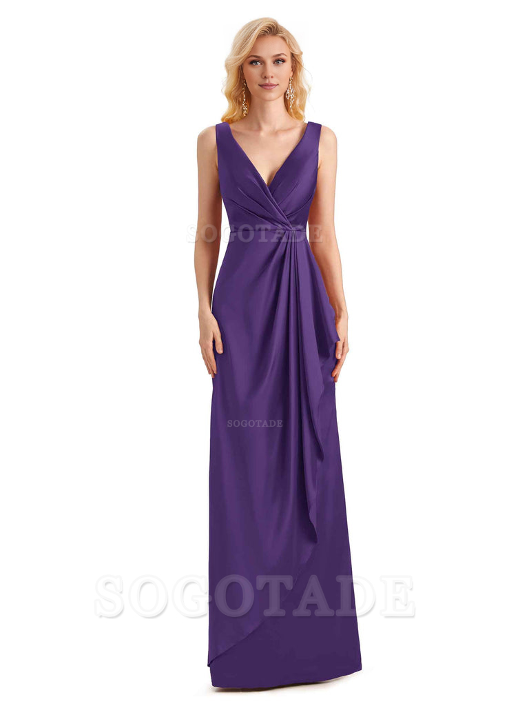 V Neck Elegant Soft Satin Formal Long Maid Bridesmaid Dresses Formal Wear Dresses