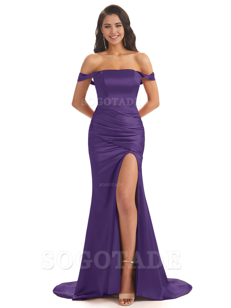 Mermaid Off Shoulder Floor-Length Satin formal dresses evening gown Bridesmaid Dresses With Side Slit 
