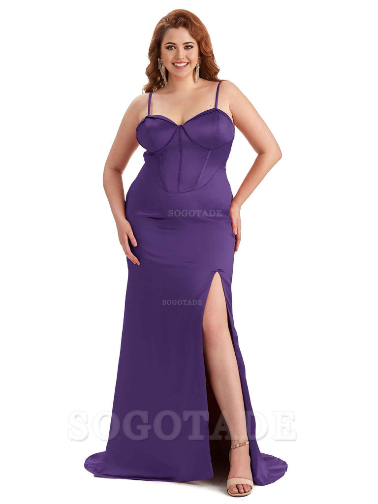 Sexy Spaghetti Straps Side Slit Sleeveless Mermaid Soft Satin Long Bridesmaid Dress Plus Size Dress To Wear to a Wedding