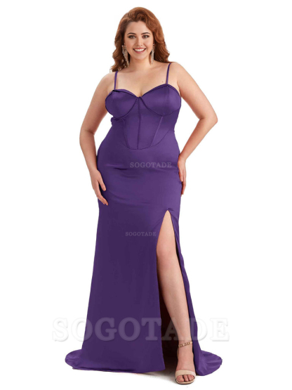 Sexy Spaghetti Straps Side Slit Sleeveless Mermaid Soft Satin Long Bridesmaid Dress Plus Size Dress To Wear to a Wedding