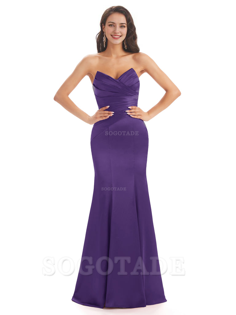 Simple Strapless Sweetheart Soft Satin Mermaid Long Bridesmaid Dresses prom shop dresses