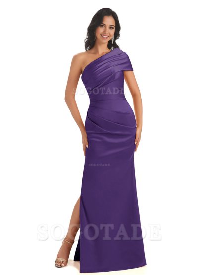 Mermaid One Shoulder Satin Long formal dresses evening gown Bridesmaid Dresses With Side Slit 