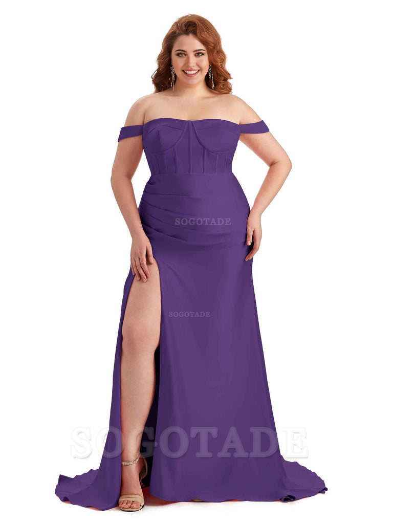 Elegant Off The Shoulder Side Slit Mermaid Soft Satin Floor Length Long Plus Size Bridesmaid Gowns