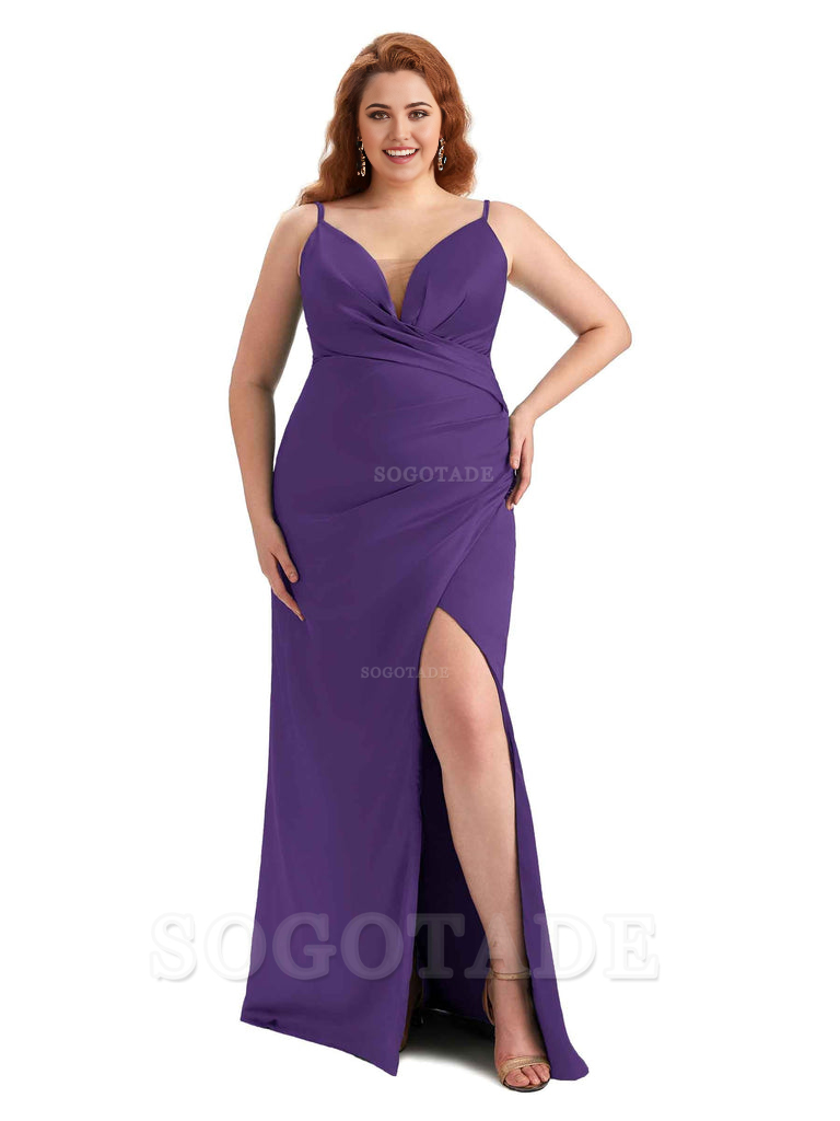Sexy Side Slit Spaghetti Straps Sleeveless Mermaid V-neck Soft Satin Long Plus Size Bridesmaid Dress For Wedding
