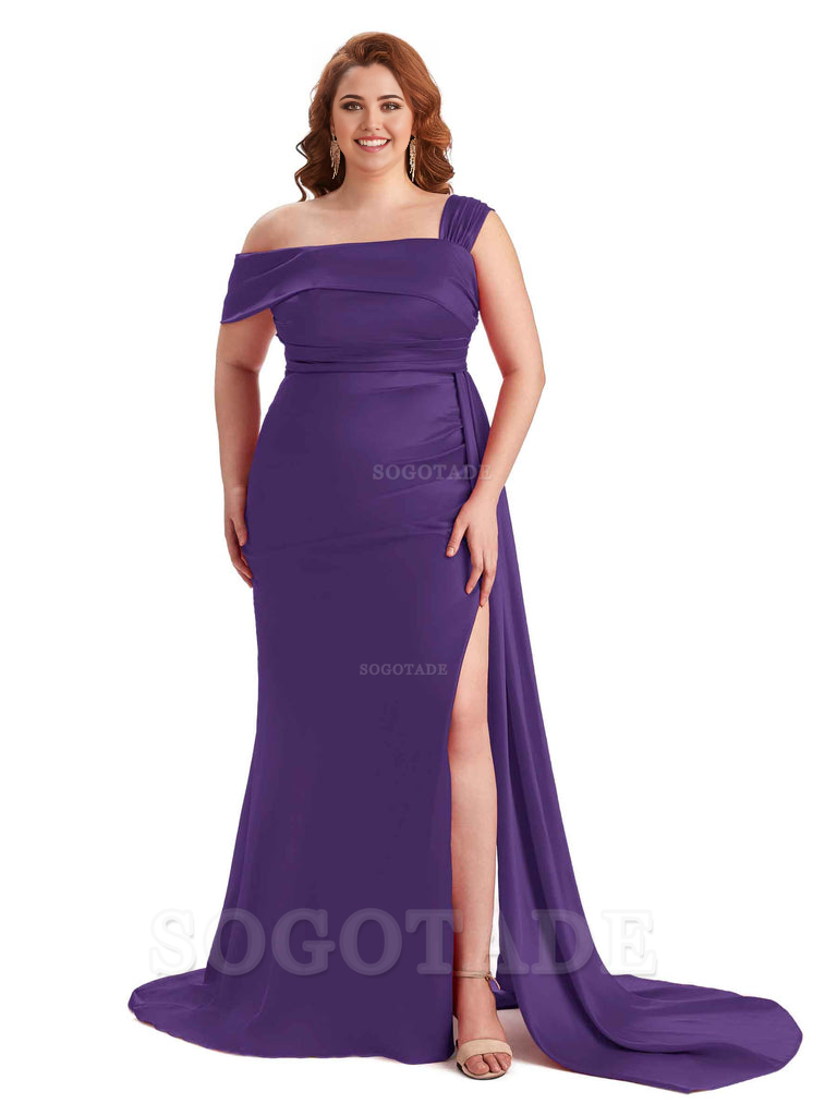 Sexy Side Hight Slit One Shoulder Mermaid Soft Satin Long Plus Size With Train Matron of Honor Dresses