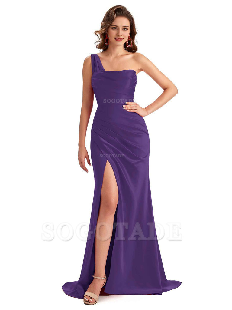 Sexy One Shoulder Side Slit Silky Satin Chic Long Mermaid Trumpet Bridesmaid Dress