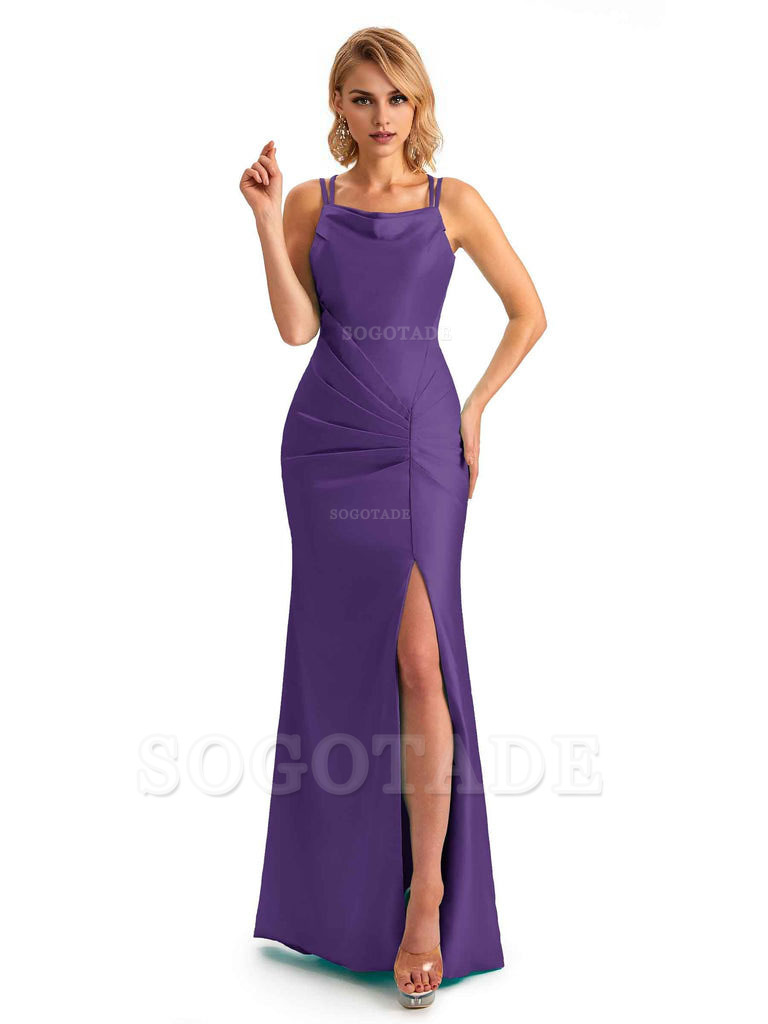 Soft Satin Spaghetti Straps Side Slit Long Unique Mermaid Beautiful Dresses For Wedding