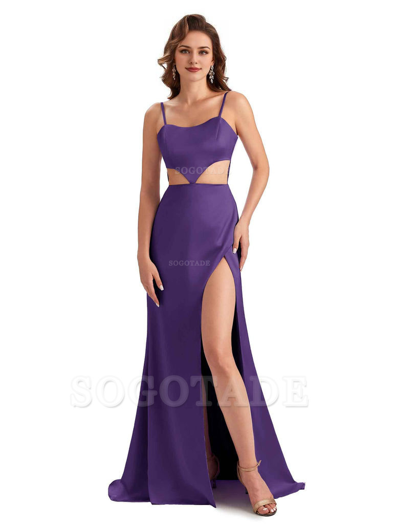 Sexy Satin Side Slit Spaghetti Straps Mermaid Long Unique Curve Wedding Guest Dresses