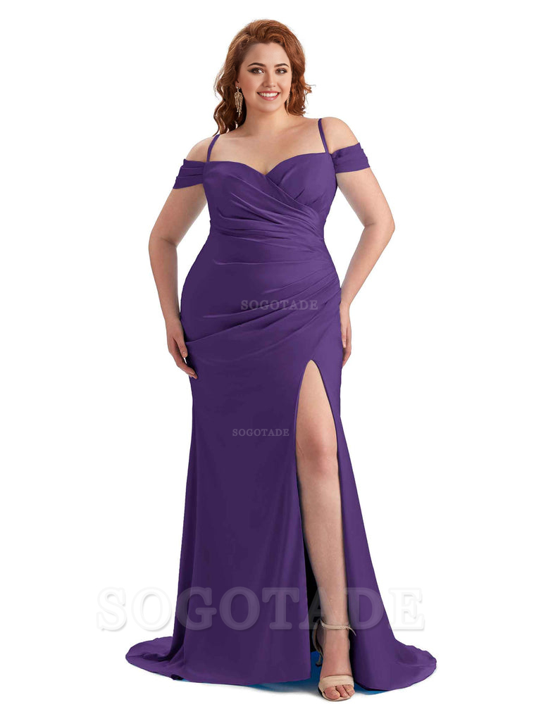 Sexy Side Slit Sleeveless Cold Shoulder Mermaid Soft Satin Long Plus Size Maid of Honor Dresses