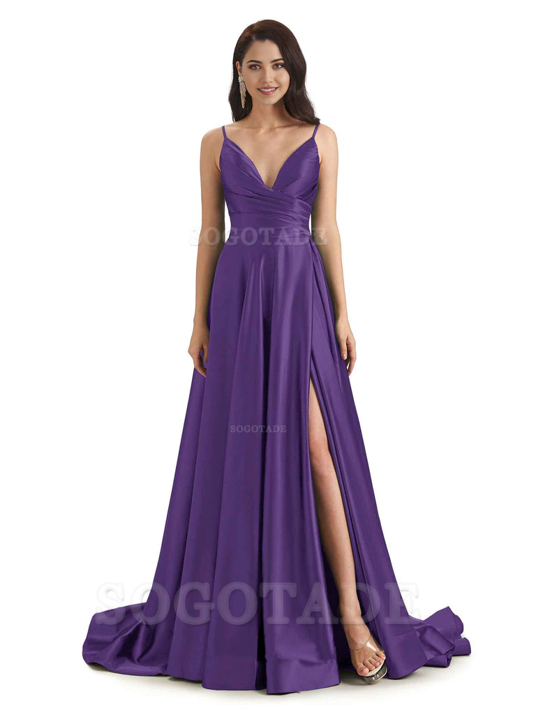 Spaghetti Straps Satin formal dresses evening gown Bridesmaid Dresses With Side Slit 