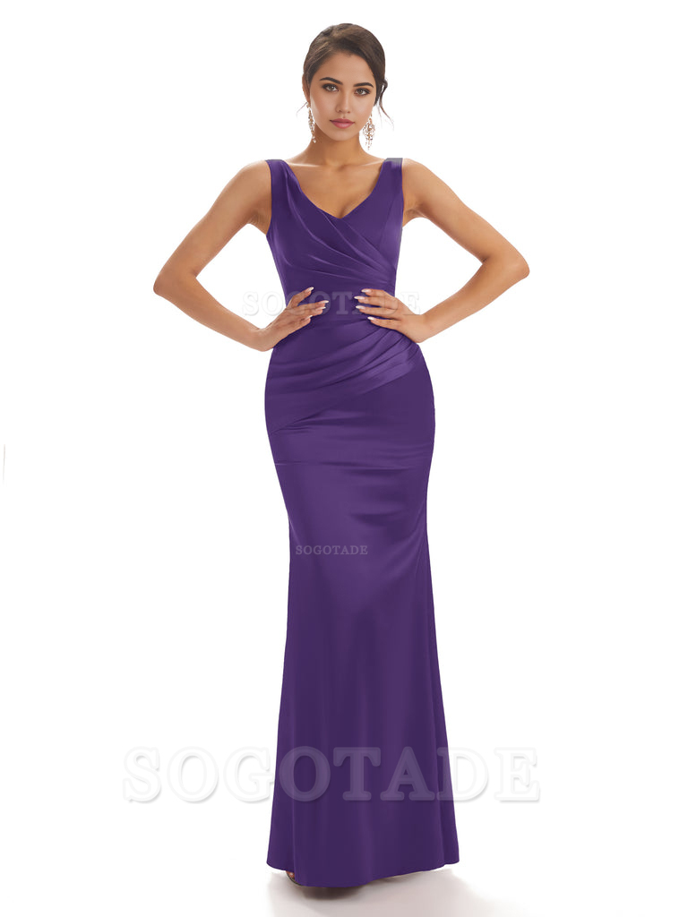Sheath Sleeveless V-neck Floor-Length Satin formal dresses evening gown Bridesmaid Dresses With Pleats 