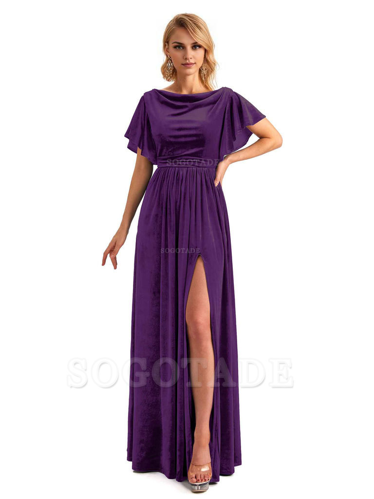 Elegant A-Line Jewel Bat Sleeves Velvet Side Slit Long Bridesmaid Dresses