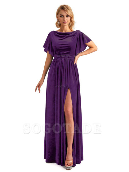 Elegant A-Line Jewel Bat Sleeves Velvet Side Slit Long Bridesmaid Dresses