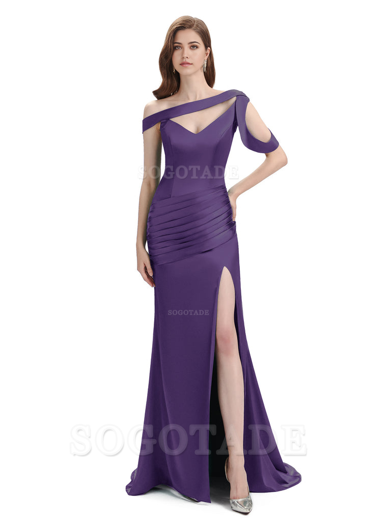 Mermaid V-Neck Satin Floor-Length formal dresses evening gown Bridesmaid Dresses With Side Slit 
