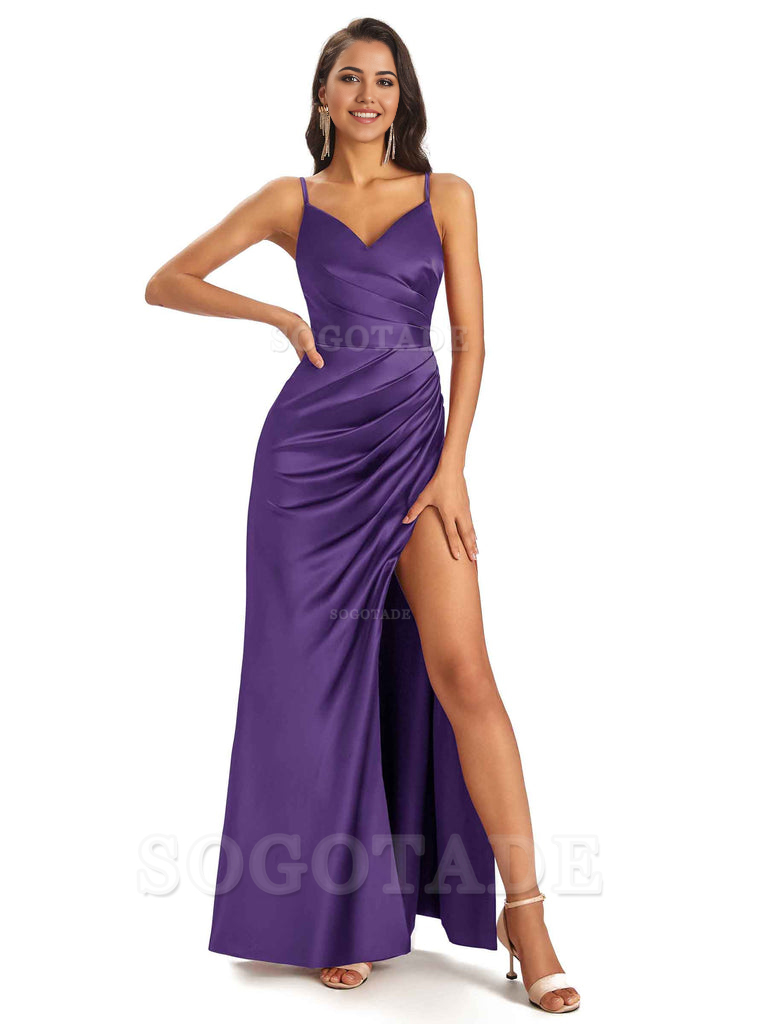 Sheath V-Neck Spaghetti Straps formal dresses evening gown Bridesmaid Dresses With Side Slit 
