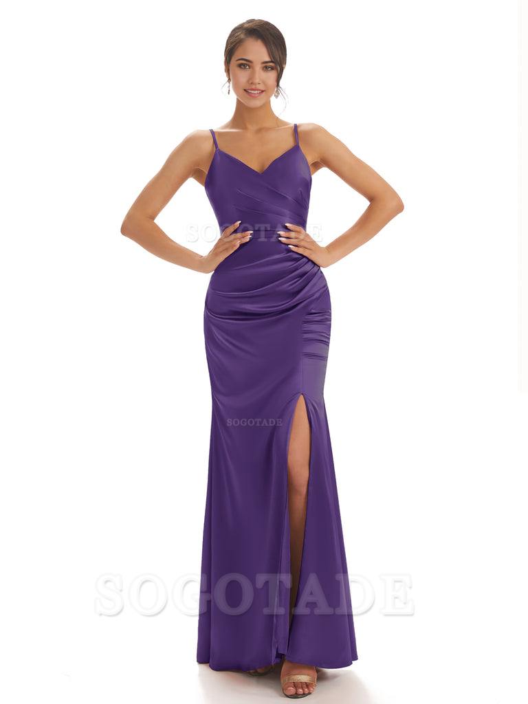 Spaghetti Straps Pleats Satin formal dresses evening gown Bridesmaid Dresses With Side Slit 