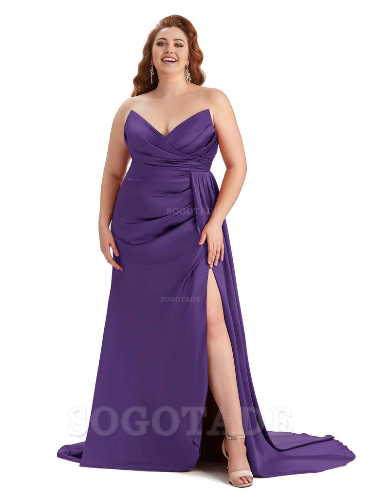 Sexy V-neck Side Slit Sleeveless Mermaid Soft Satin Long Plus Size Bridesmaid Gowns