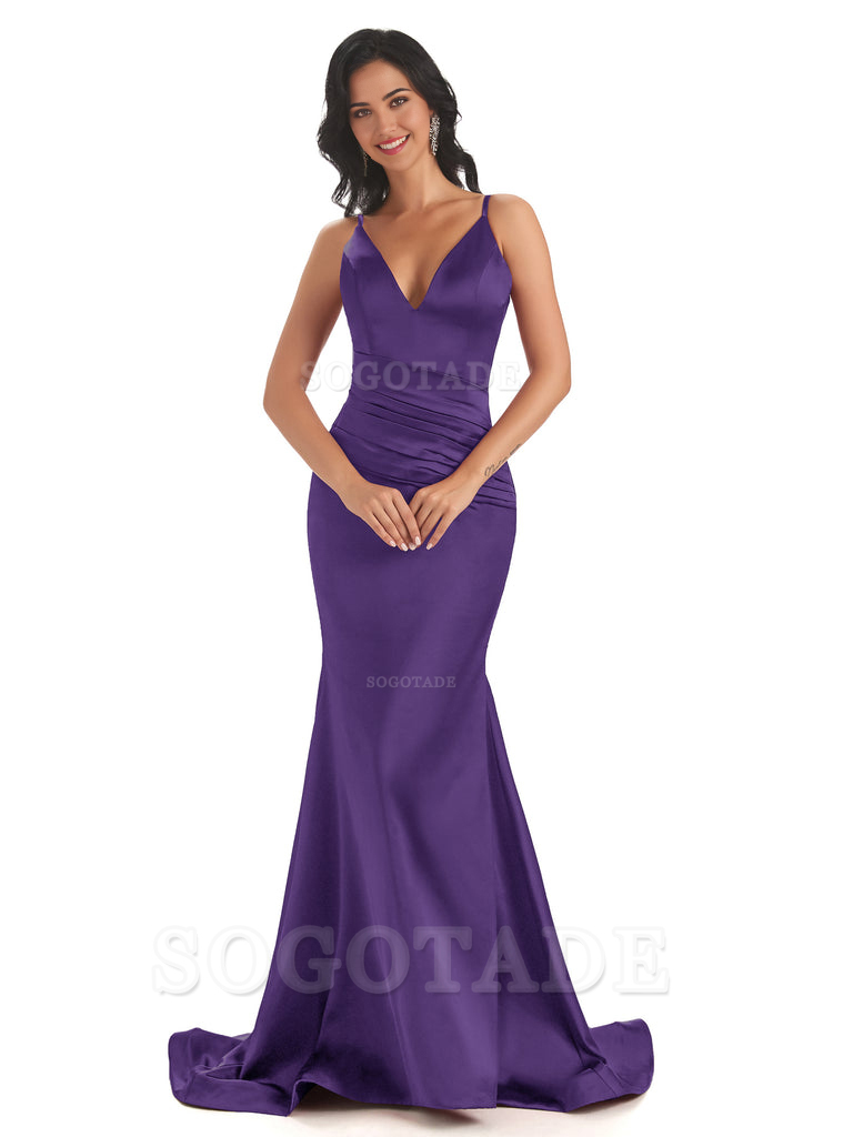 Mermaid Spaghetti V-Neck Straps Satin Long formal dresses evening gown Bridesmaid Dresses With Side Slit 