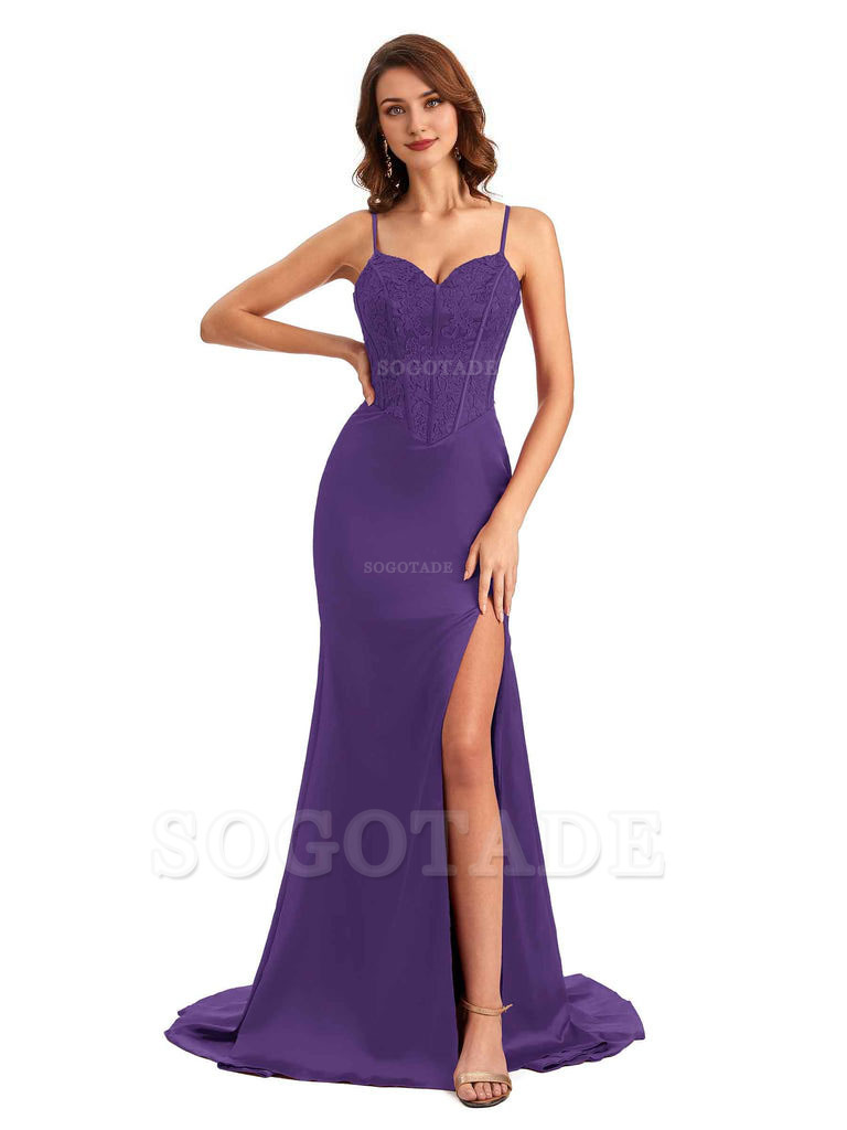 Sexy Side Slit Mermaid Silky Satin V-Neck Lace Unique Long Bridesmaid Dresses