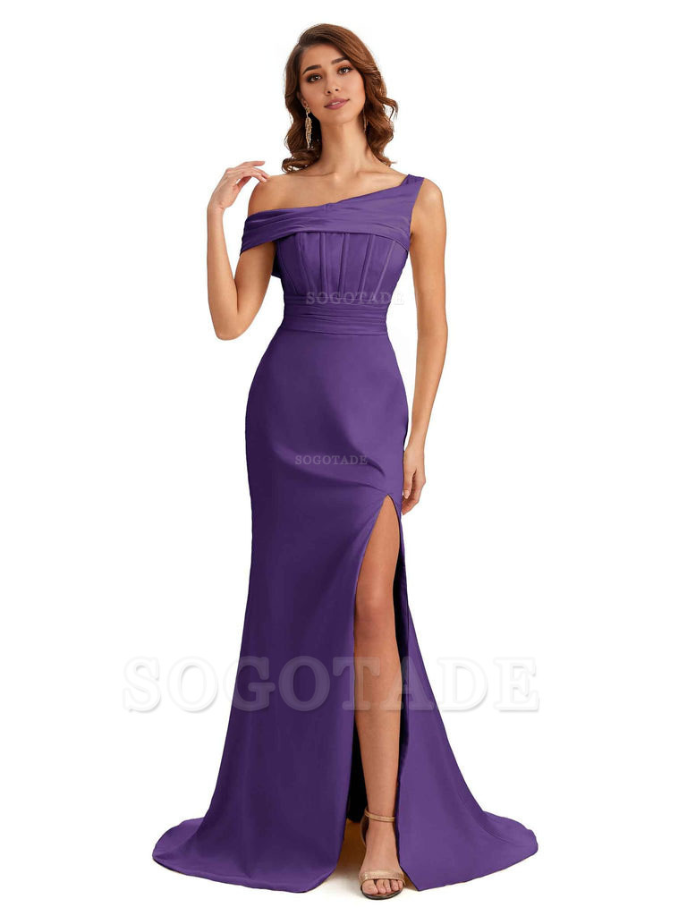 Elegant Asymmetrical Neck Soft Satin Side Slit Long Mermaid Bridesmaid Dresses