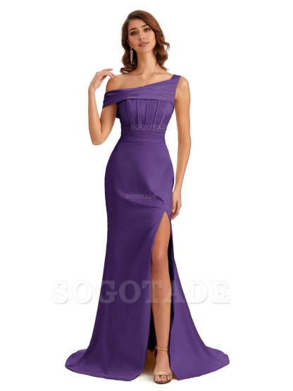 Elegant Asymmetrical Neck Soft Satin Side Slit Long Mermaid Bridesmaid Dresses