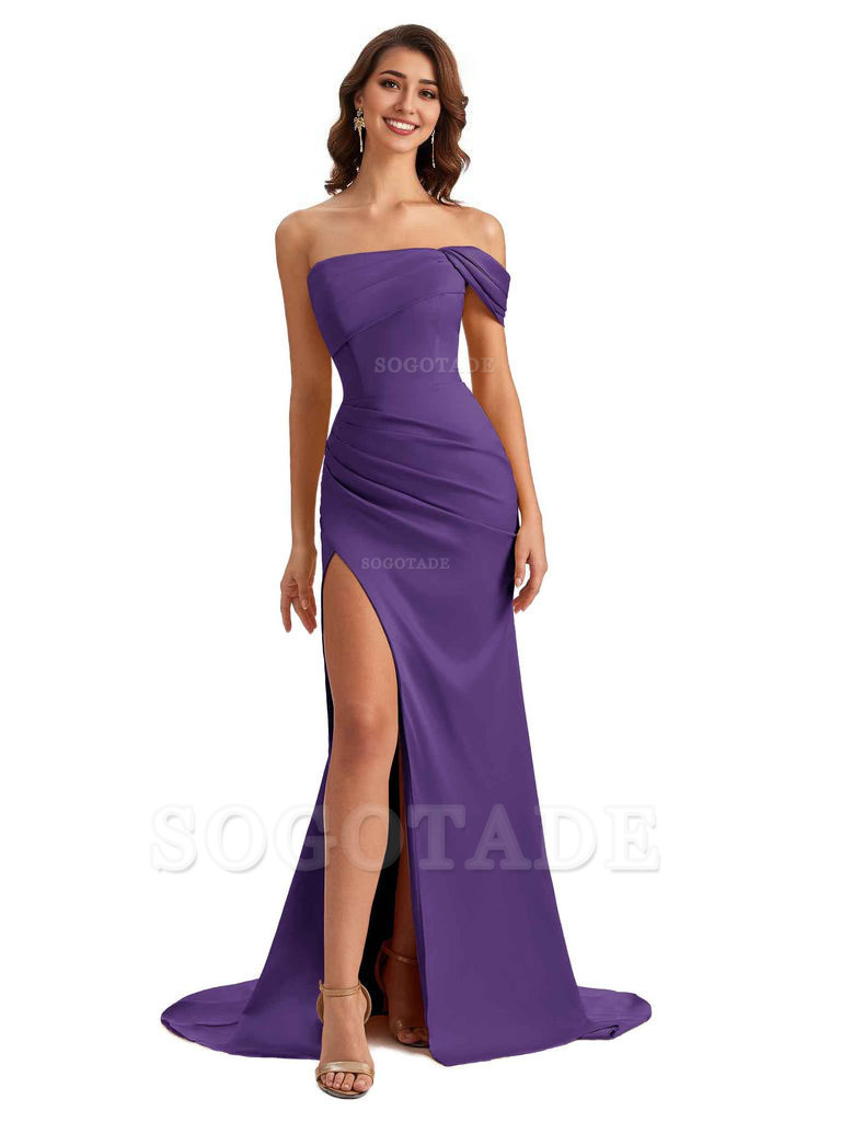 Unique One Shoulder Side Slit Satin Long Formal Dresses For Bridesmaid Dresses