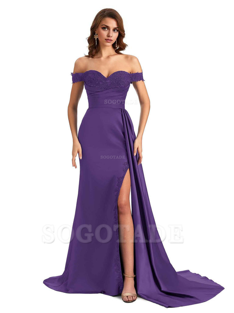 Sexy Off The Shoulder Mermaid Side Slit Silky Satin Long Bridesmaid Dress For Wedding