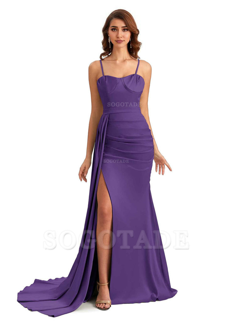 Sexy Spaghetti Straps Side Slit Mermaid Unique Long Bridesmaid Dresses In Satin
