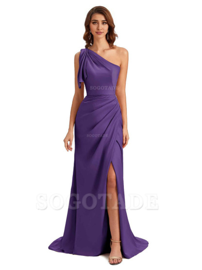 Sexy One Shoulder Mermaid Side Slit Unique Silky Satin Bridesmaid Dresses 